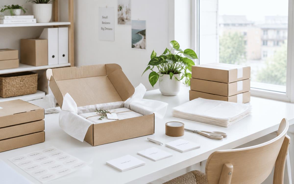Bright packing station with kraft shipping boxes