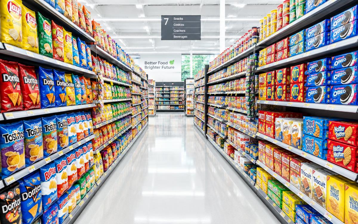 Bright grocery aisle stocked with packaged snacks