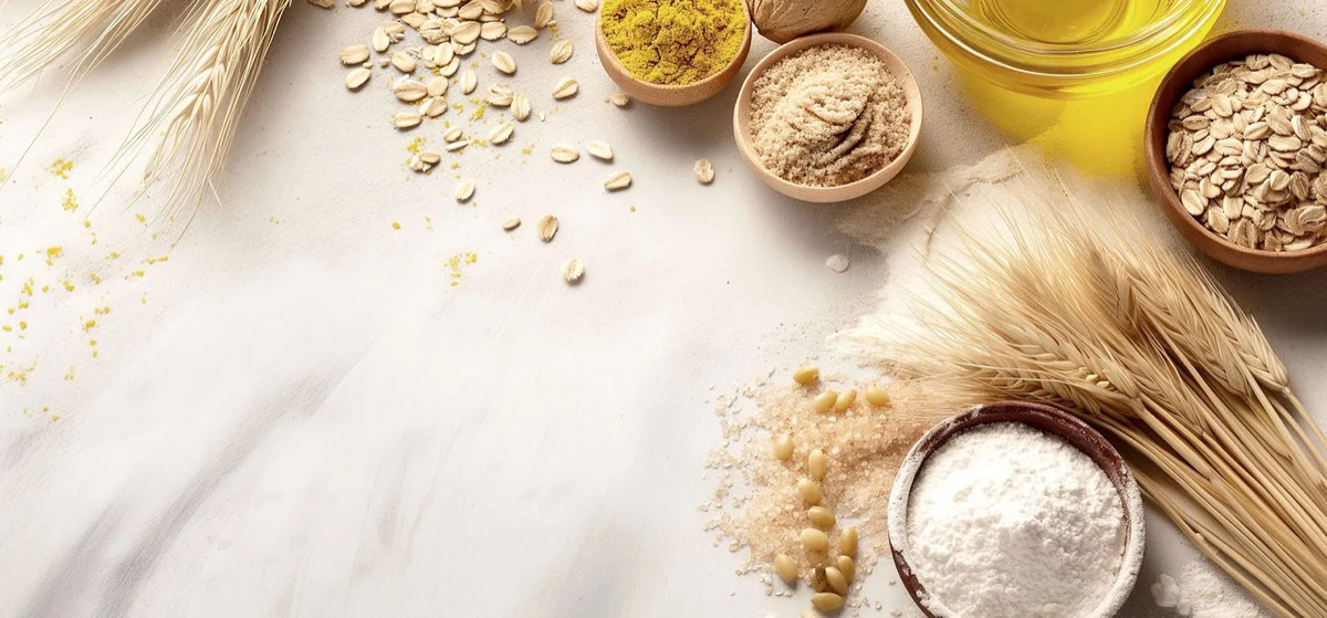 Bowls of flour, sugar, oats, seeds and oil on a marble counter with wheat stalks